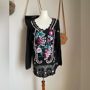 Vintage Emerald Isle Crochet Floral Ribbon Knit Sweater, Size Small